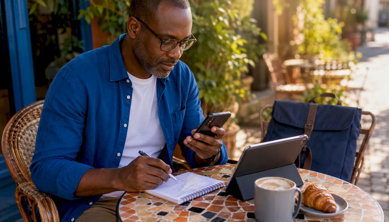 Man browsing apartment listings on devices in café