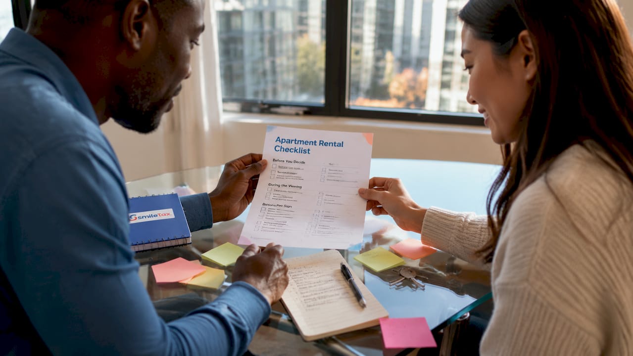 Hands holding apartment rental checklist in Spanish