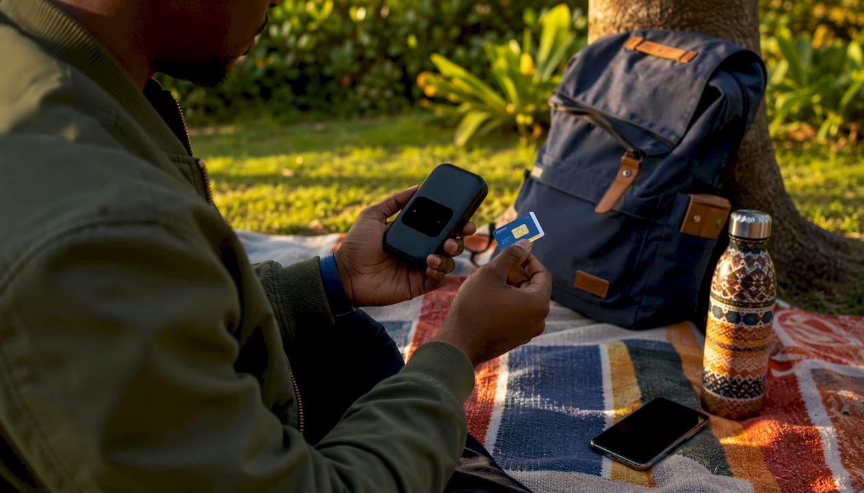 Hands holding portable Wi-Fi hotspot outdoors