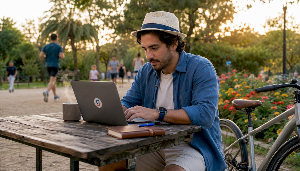 Man working at outdoor café in Portugal