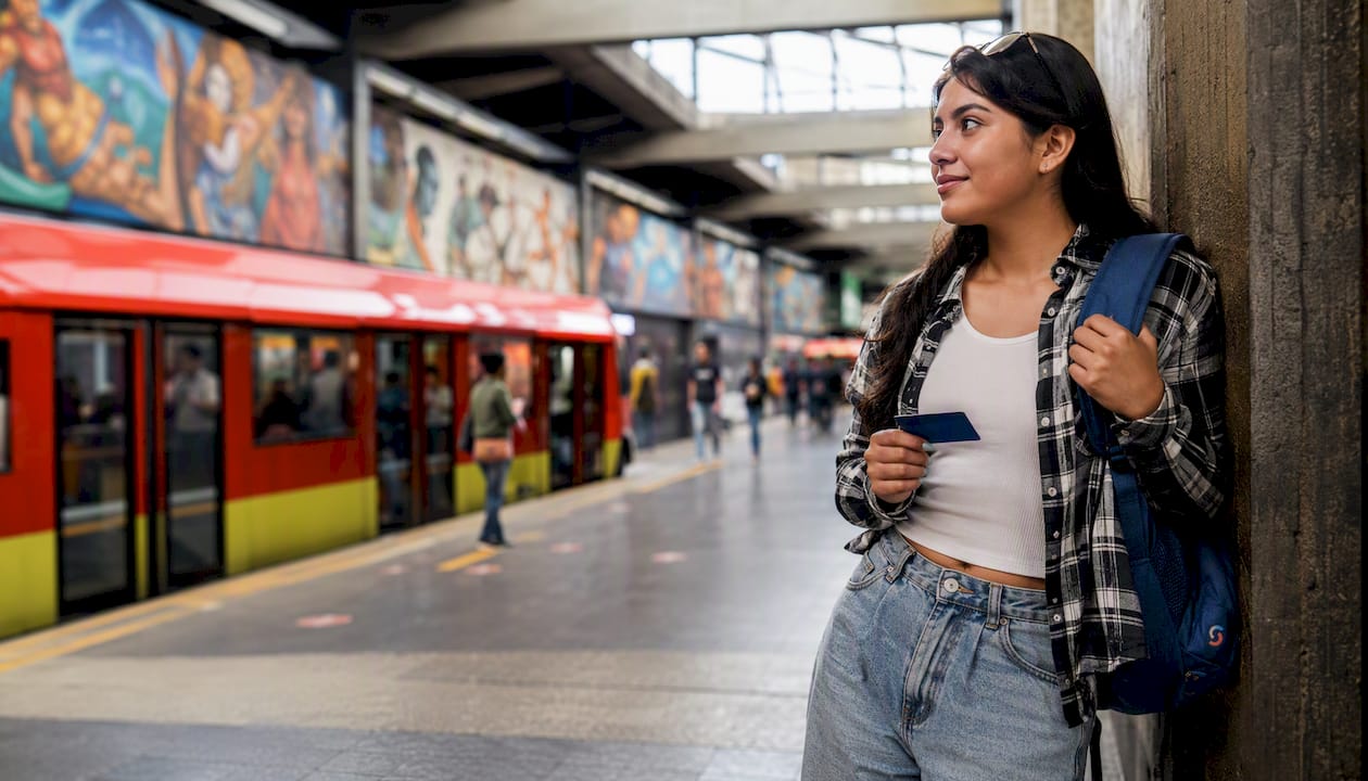 Commuter waiting for metro train in Mexico City