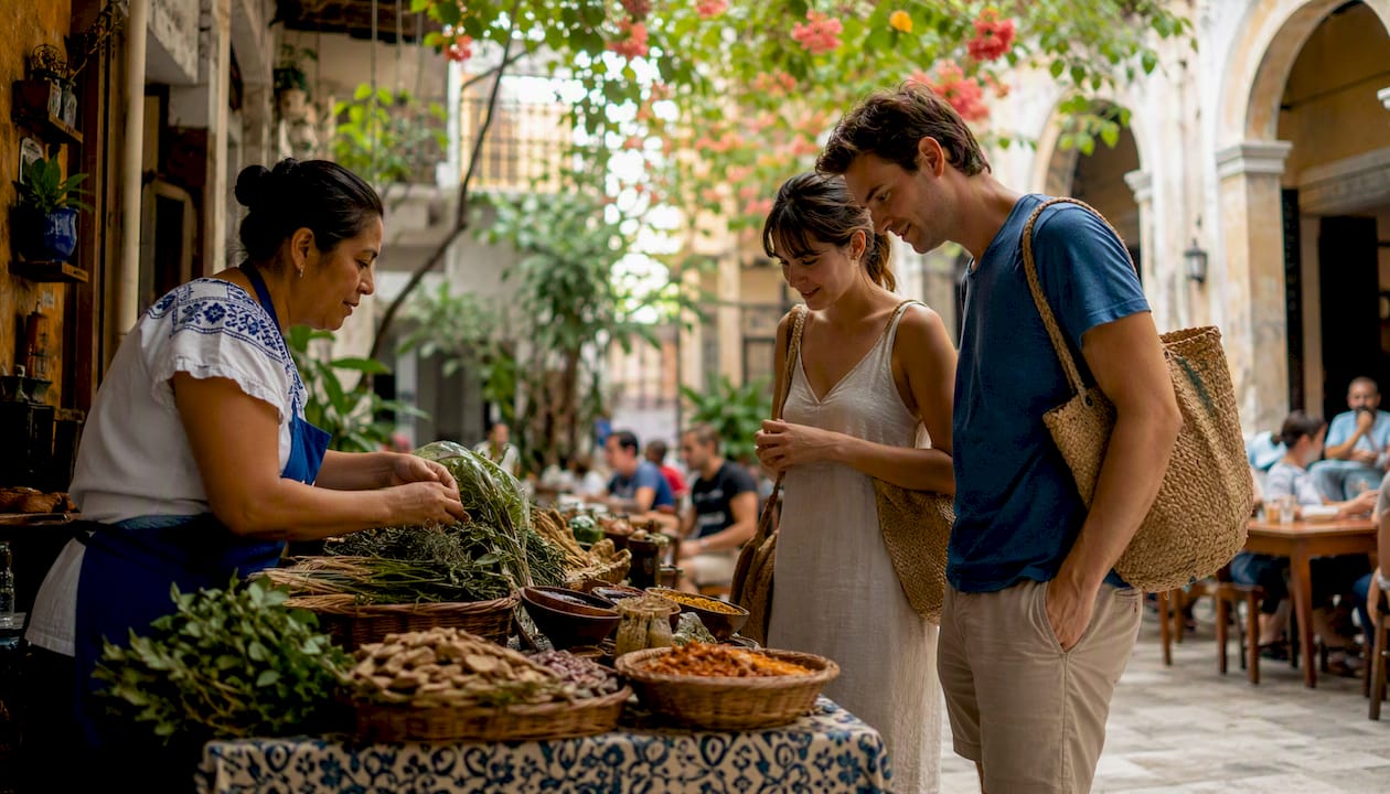 Outdoor market in Mérida with American shoppers