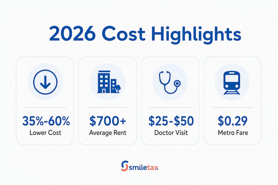 Infographic showing key cost of living statistics in Mexico for 2026