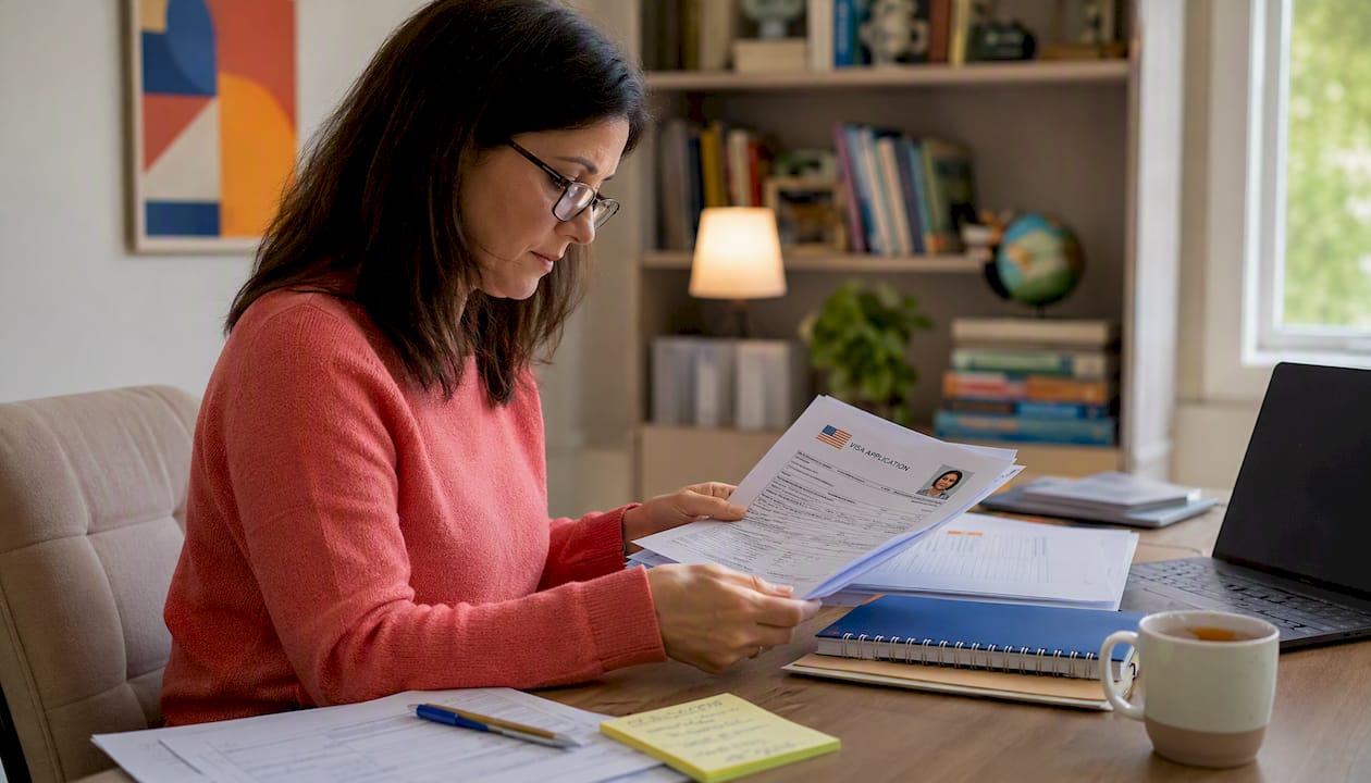 American woman reviewing visa papers at desk