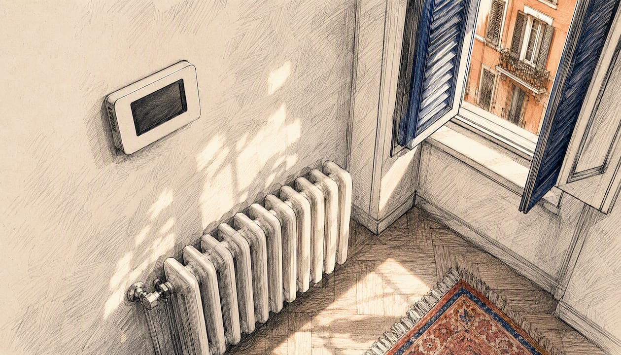 Italian home radiator and thermostat detail