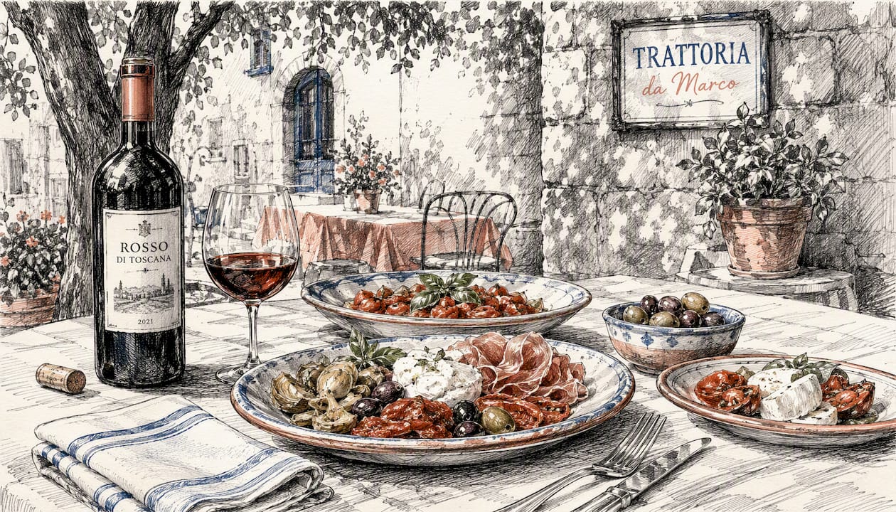 Table with Italian lunch and wine in trattoria