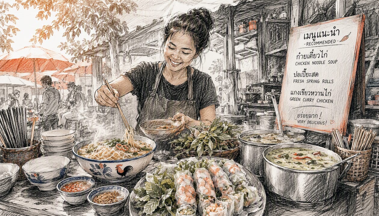 Thai street food dishes at market stall
