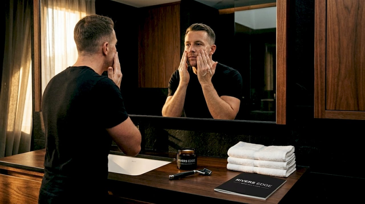 Man drying face at bathroom mirror after skincare