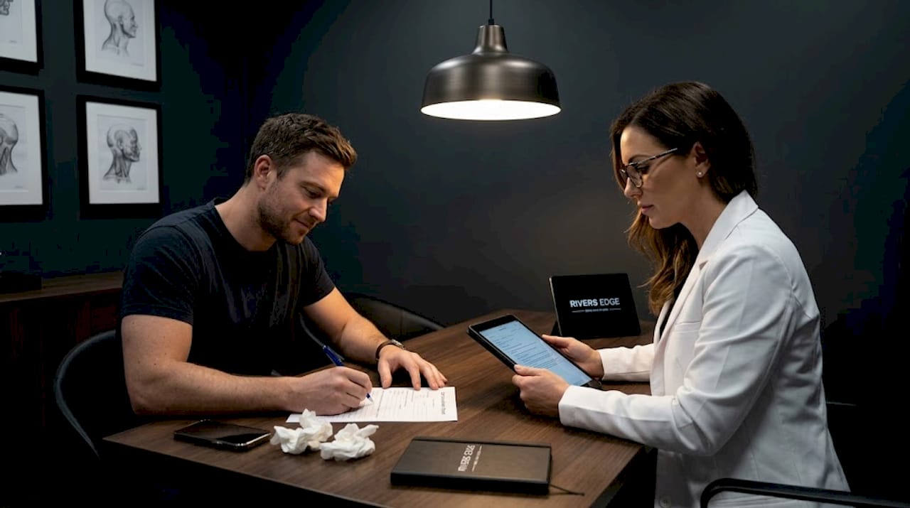 Clinician discusses intake forms with male client