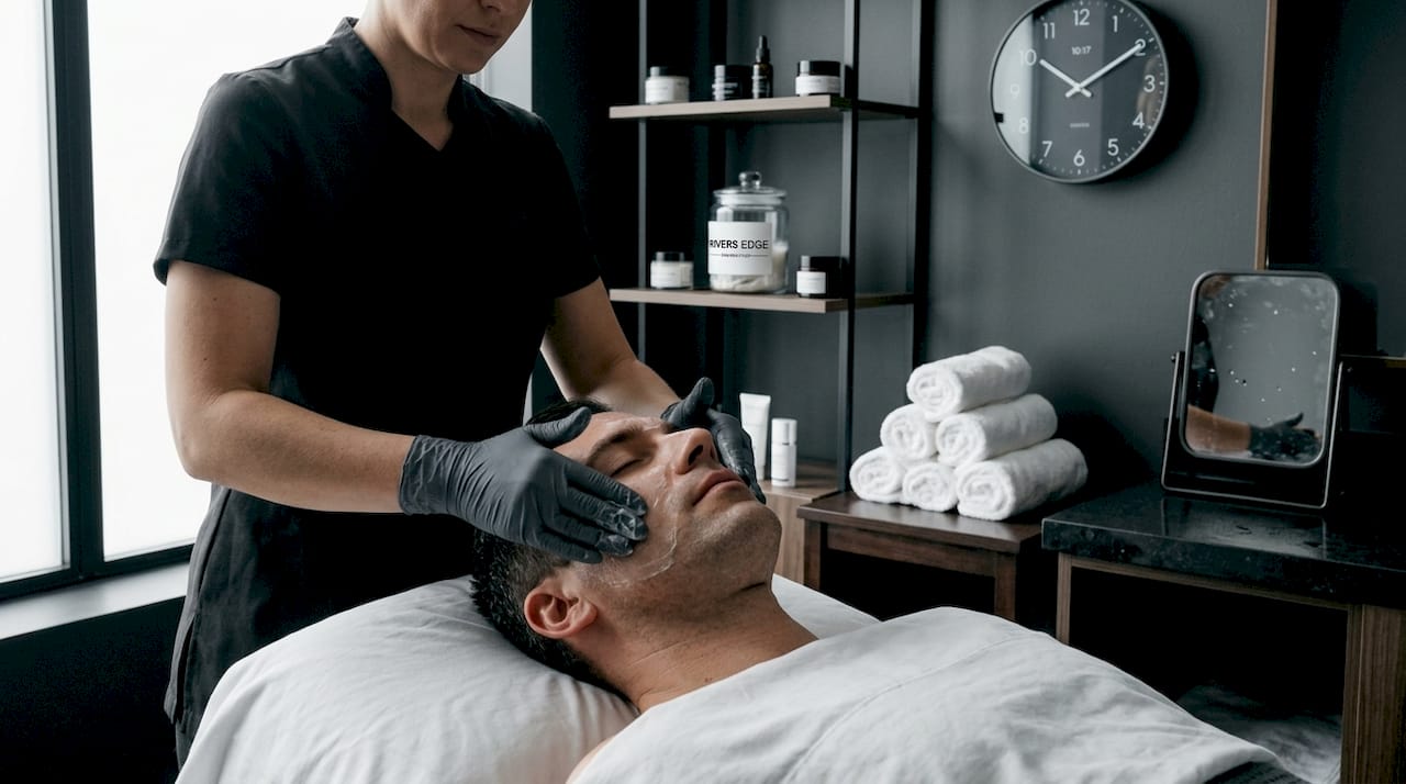 Male client receiving facial in clinic