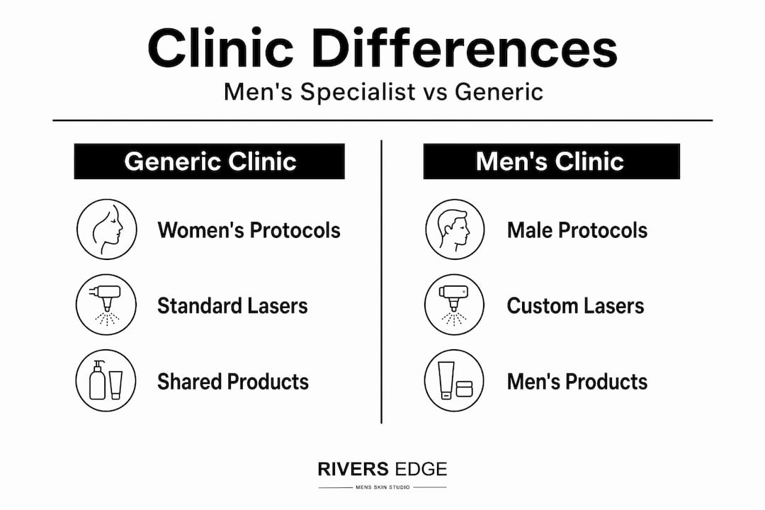 Infographic comparing men's specialist and generic skincare clinics