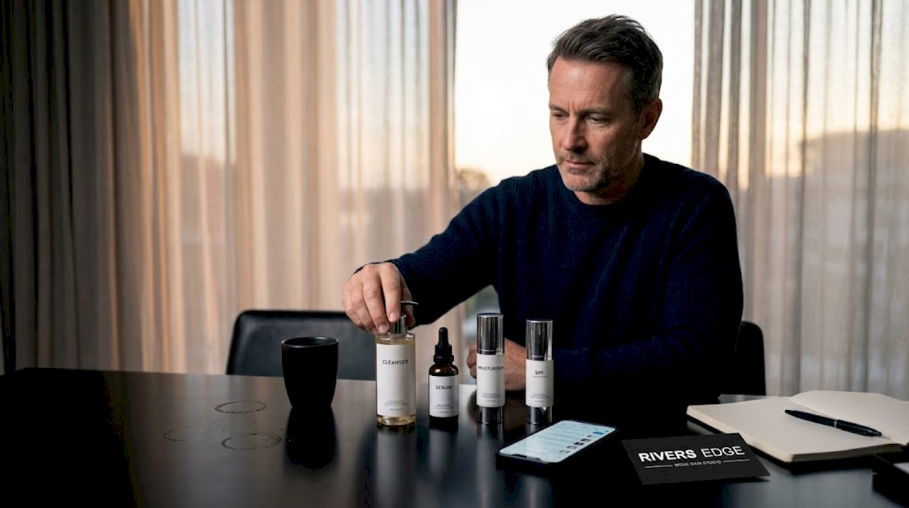 Man organizing luxury skincare routine at kitchen table