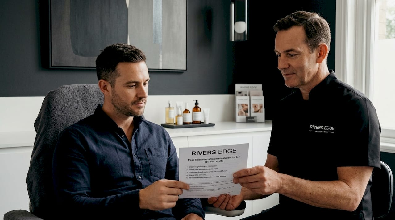Man reviewing skin treatment aftercare instructions