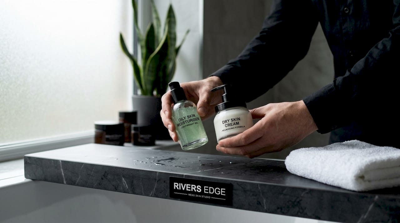 Hands holding different moisturizers on counter