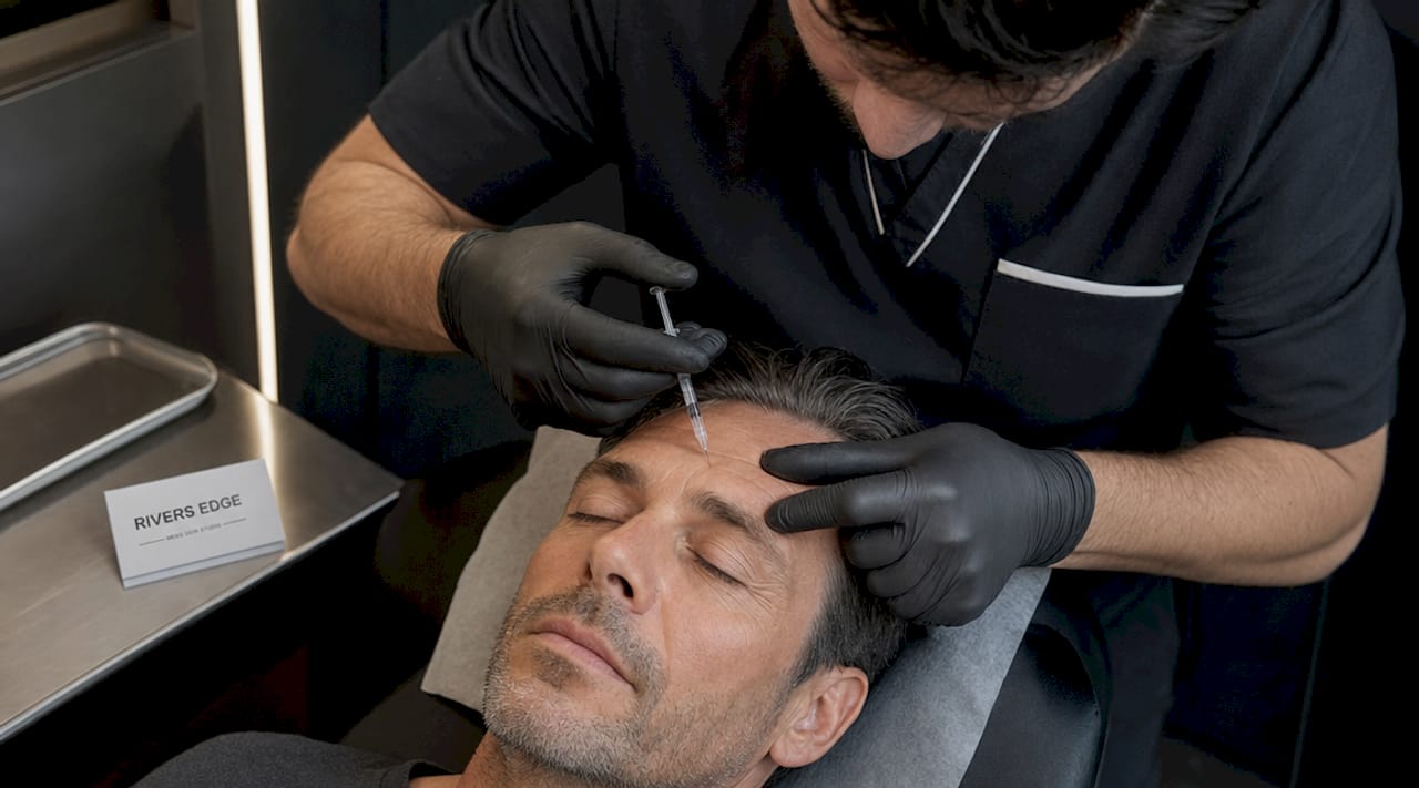 Practitioner performing facial botulinum injection on man