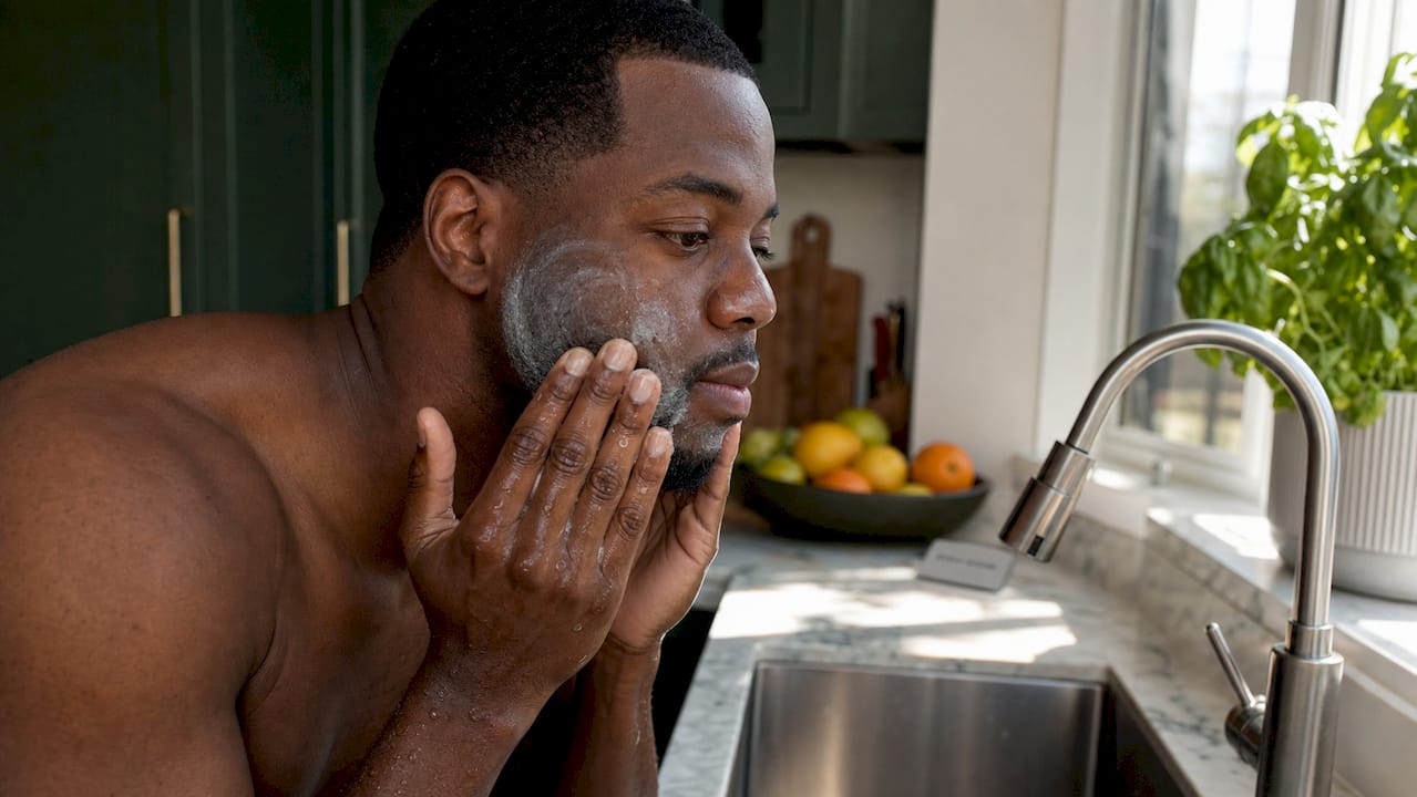 Overhead view of hands cleansing face