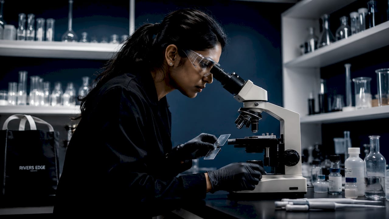Scientist examining skin melanin under microscope