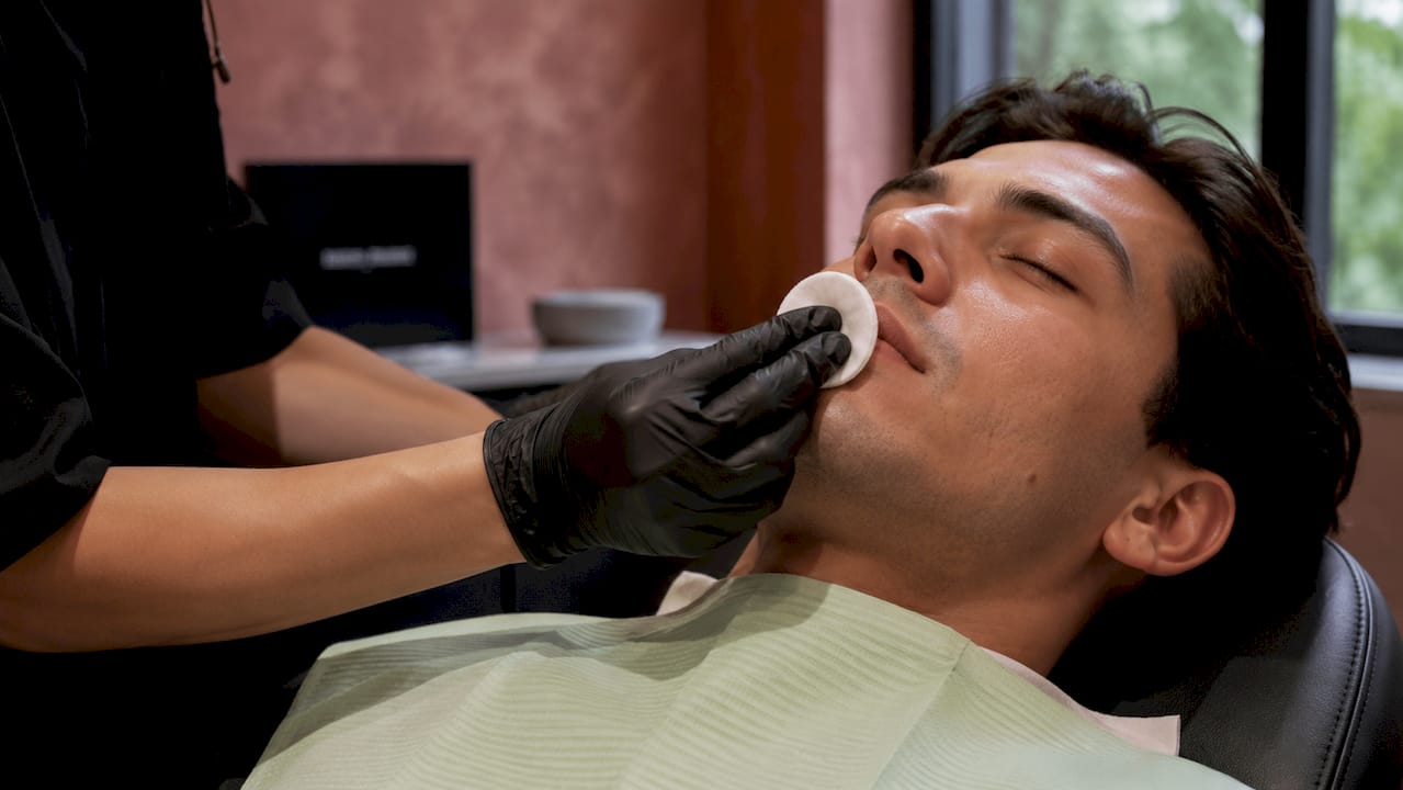Close-up hands applying acid peel to skin