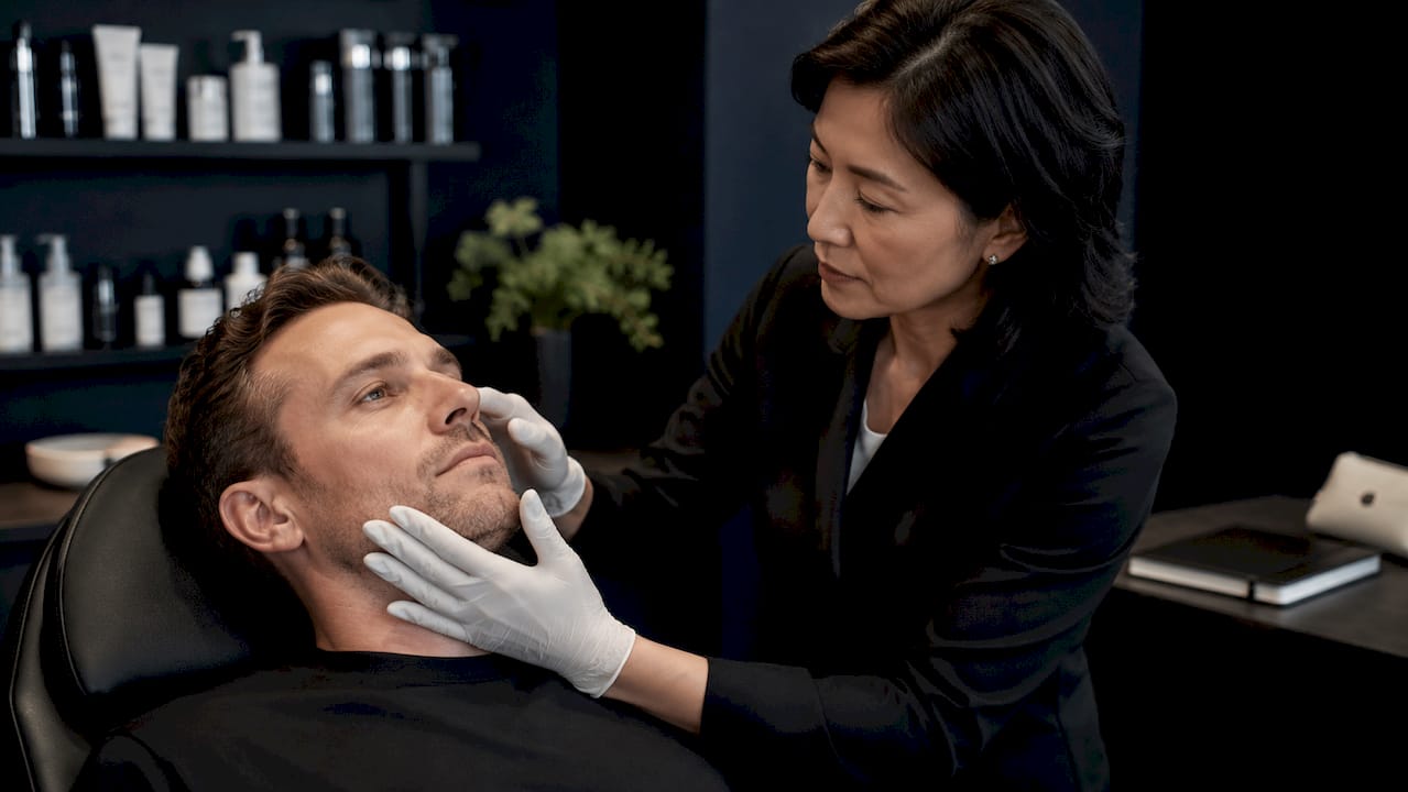 Esthetician examining male client’s skin texture