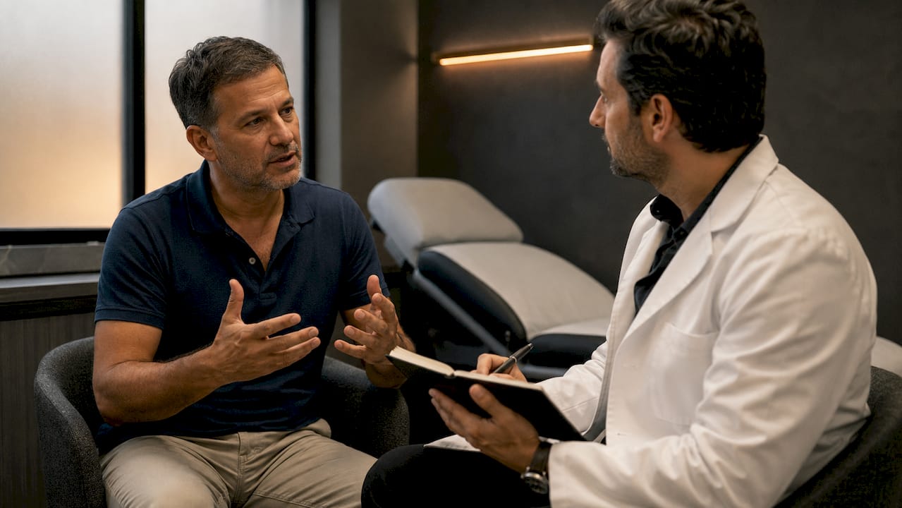 Male client consulting with male practitioner in clinic
