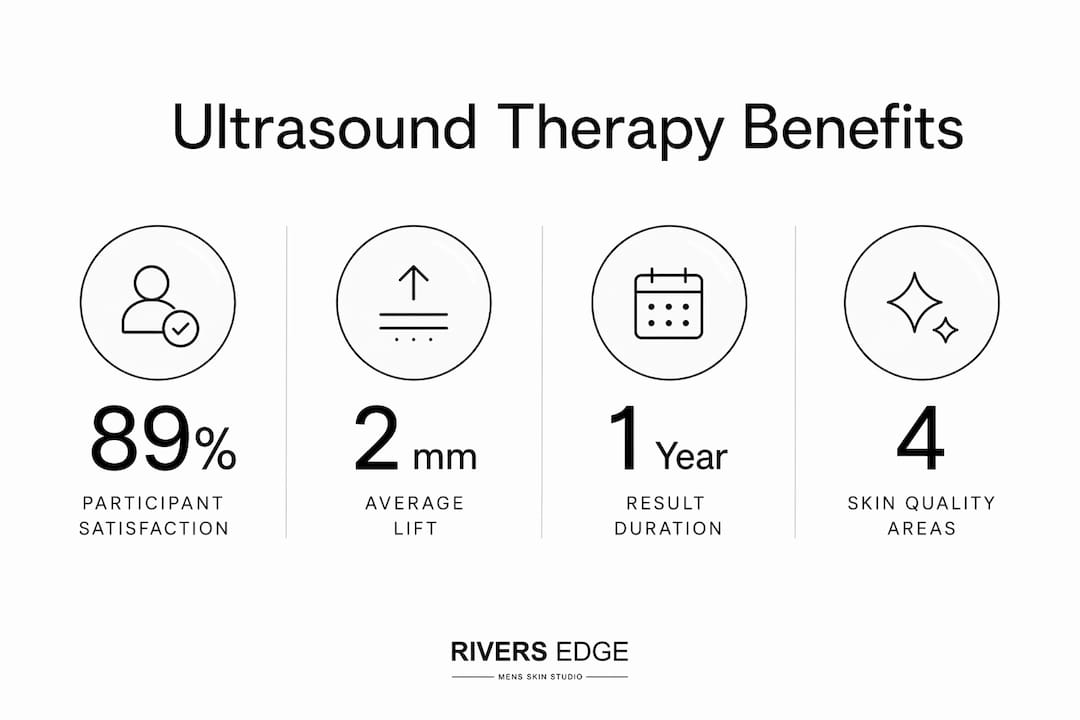 Infographic showing key benefits statistics of ultrasound skin therapy for men