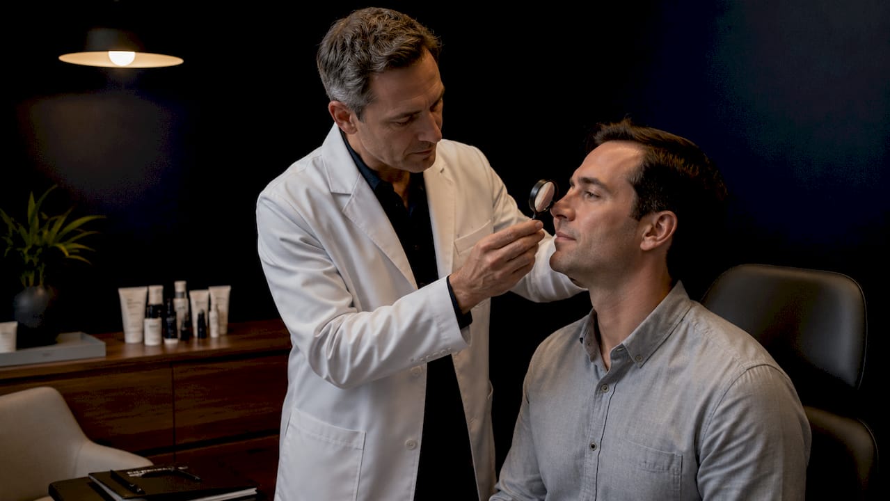 Dermatologist examining male patient's skin