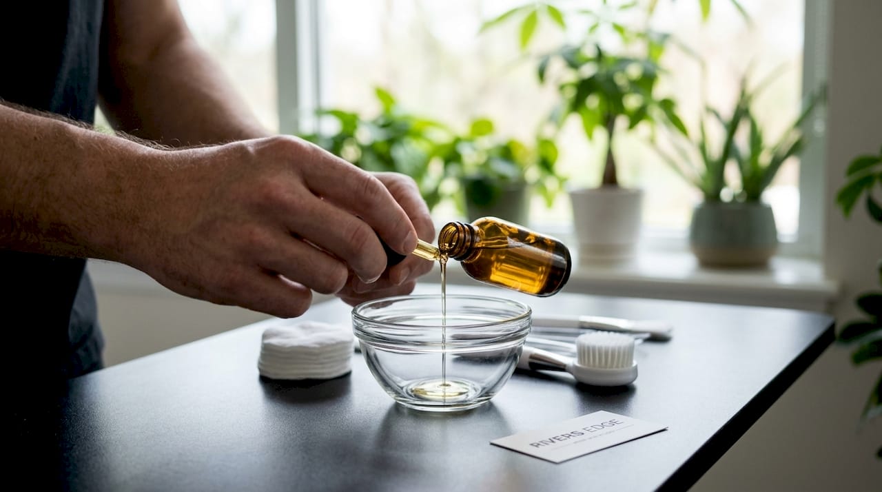 Hands holding chemical peel serum bottle over tools