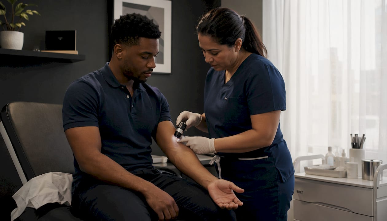 Clinician examining patient's skin mole in clinic