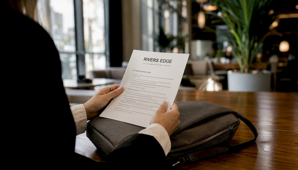 Patient reading aftercare instructions in clinic