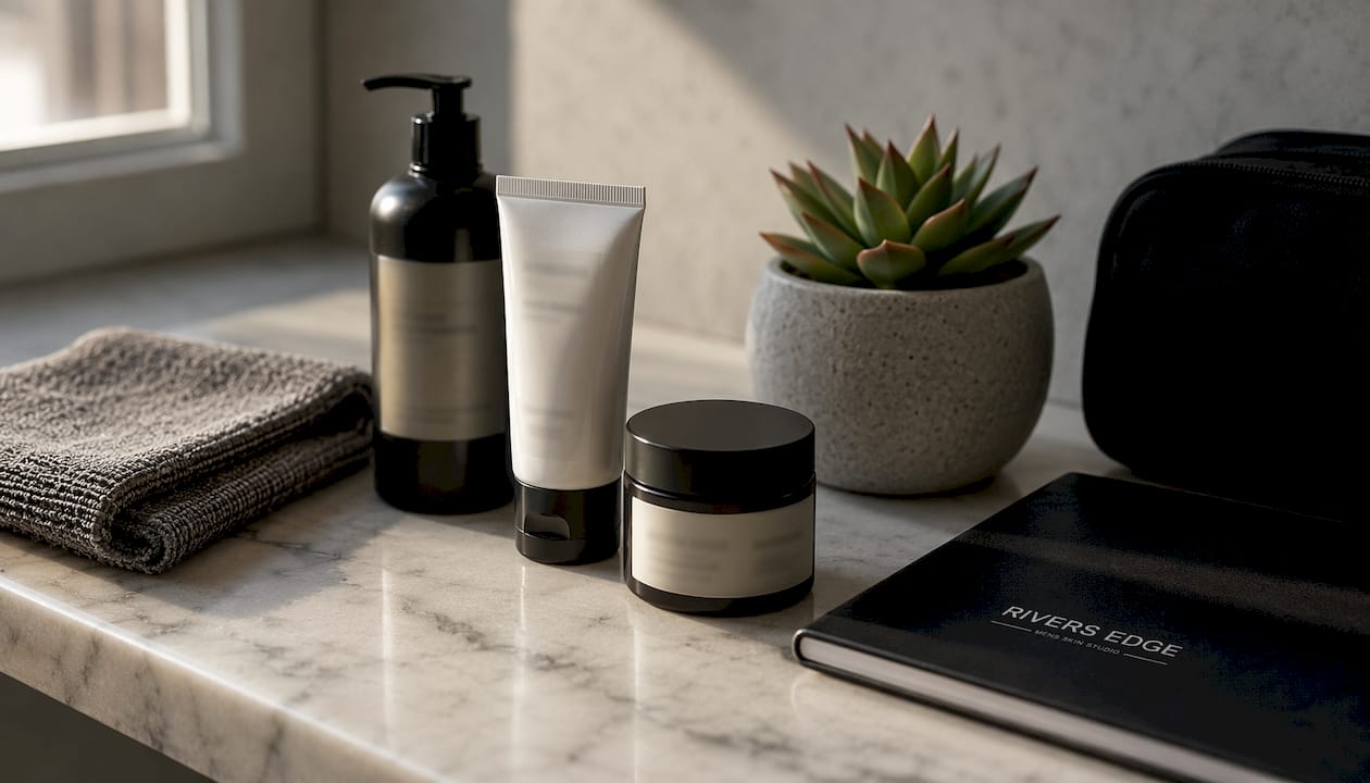 Flat lay of men’s skincare products for daily routine