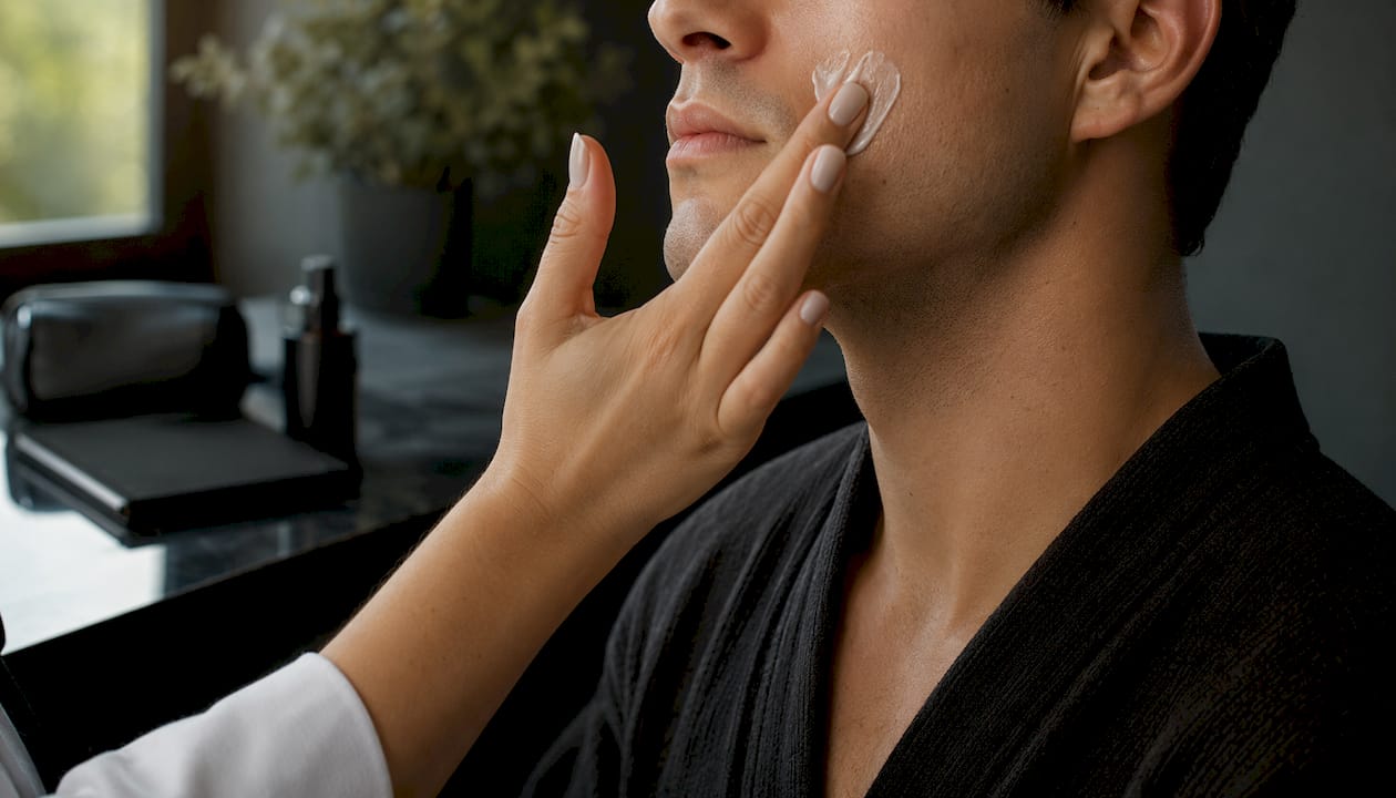 Close-up of man applying moisturizer pre-treatment