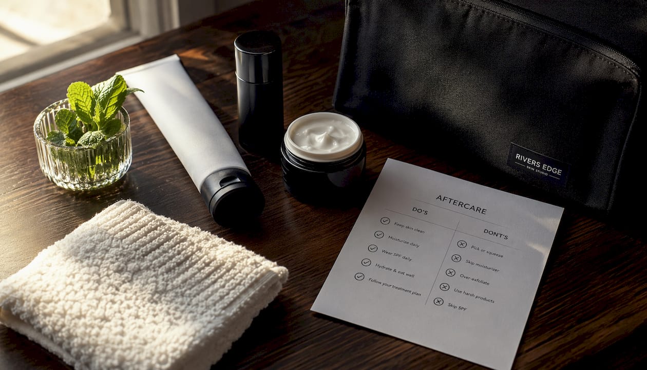 Flat lay of facial aftercare skincare products and checklist