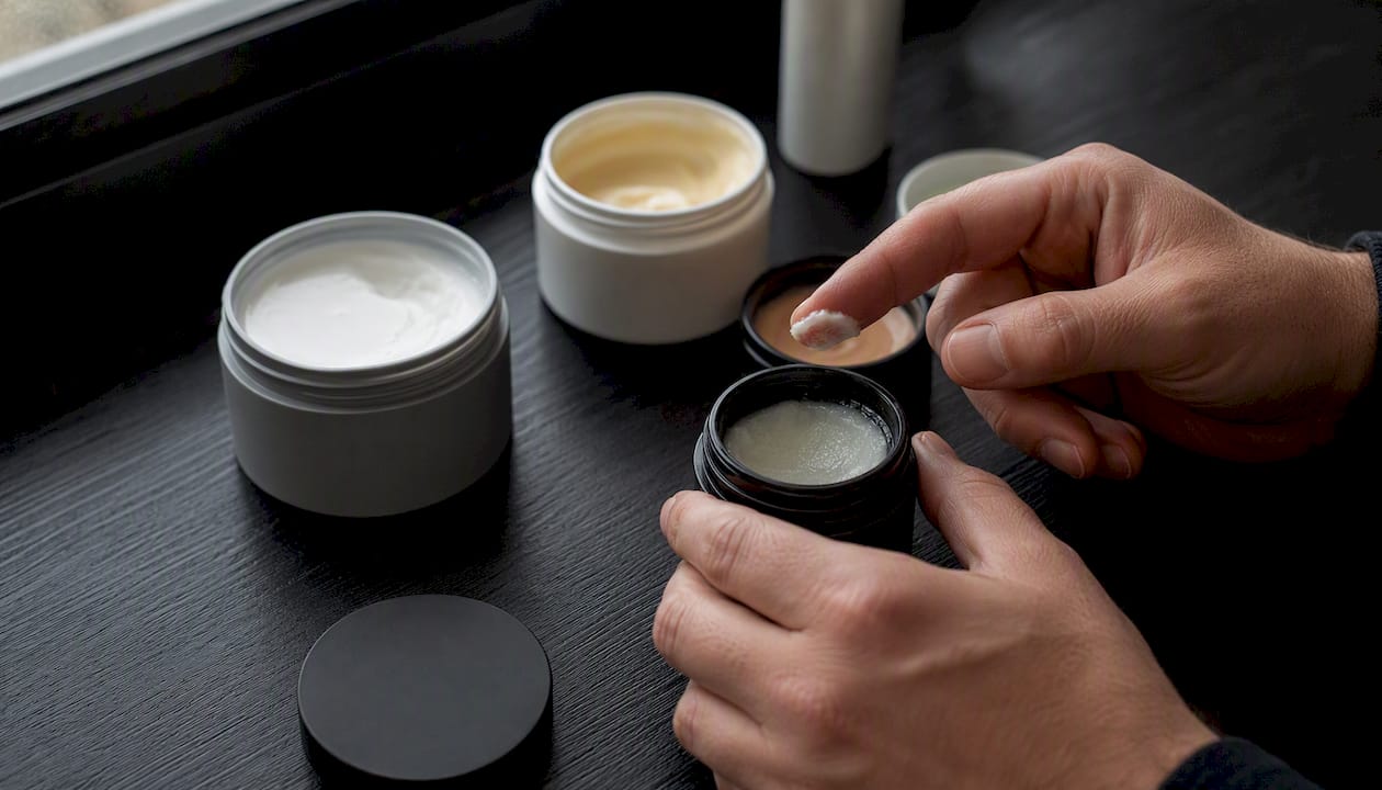 Skincare products arranged for peel recovery