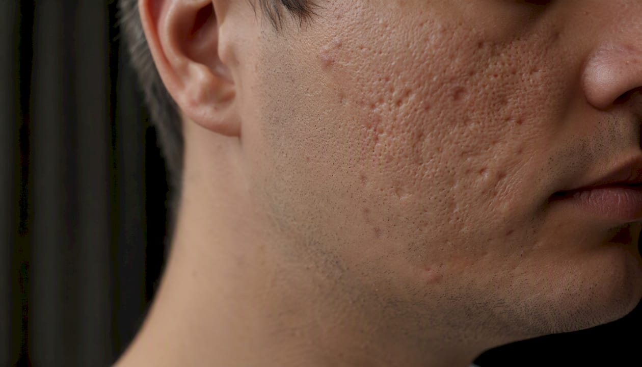 Close-up of different acne scar types on male skin