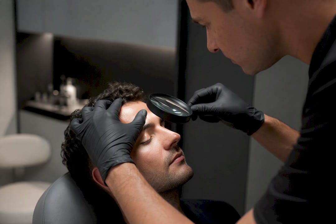 Close-up of clinician hands examining male jawline