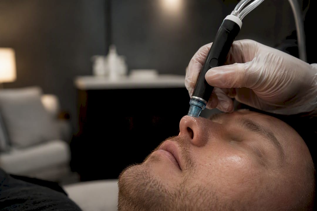 Hydrafacial vacuum extraction on male nose