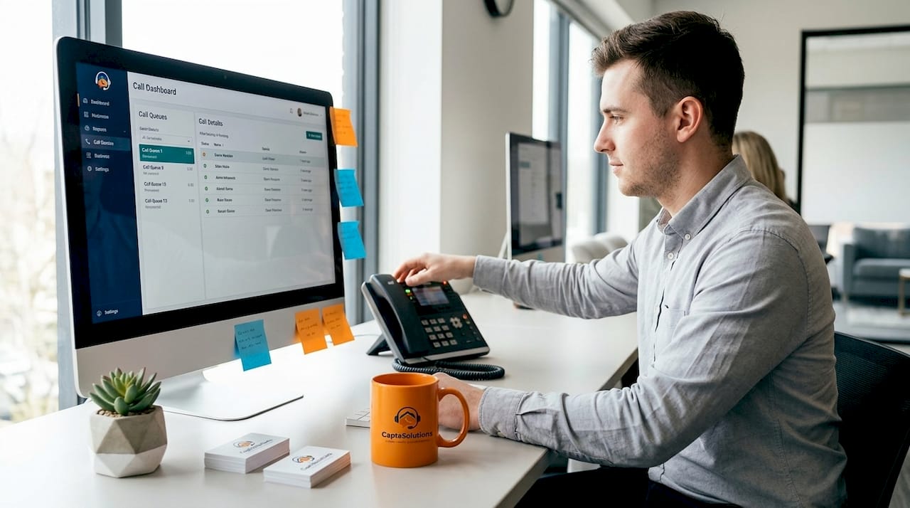 Receptionist answers call at office desk