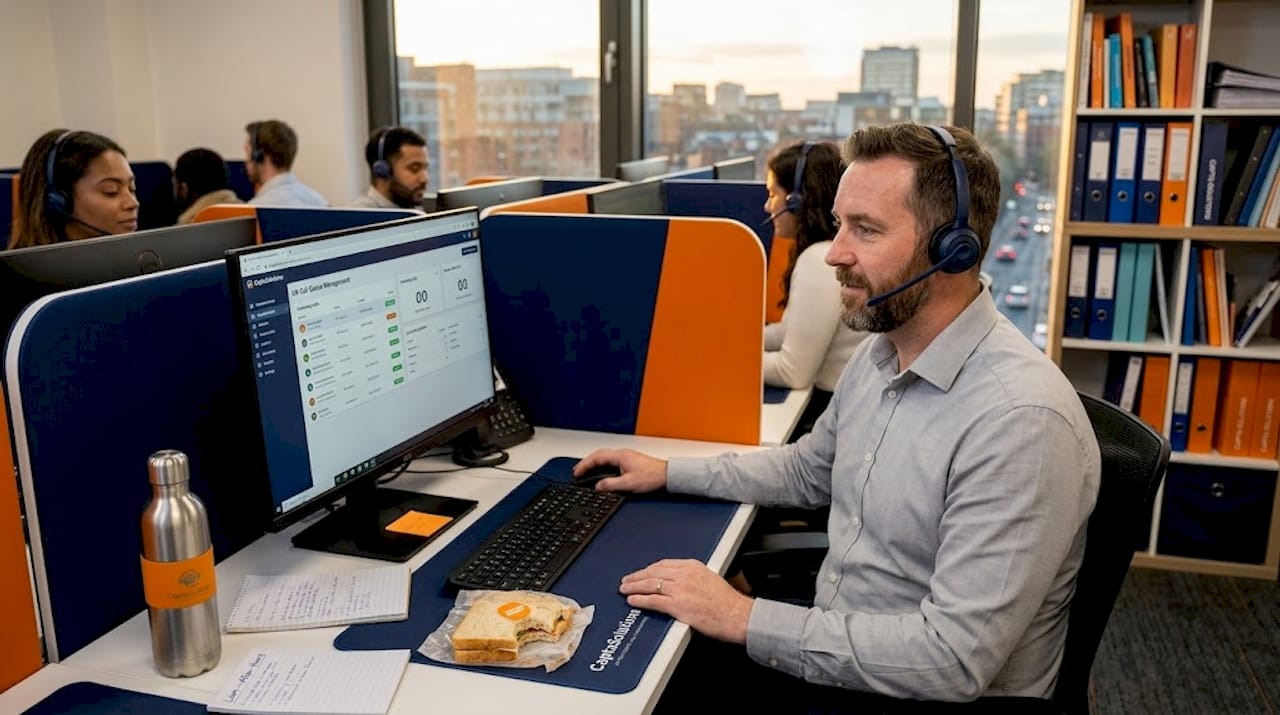 Call center staff member handling routine tasks