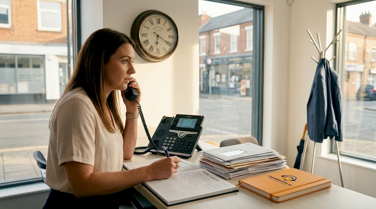Busy receptionist multitasking with calls and mail