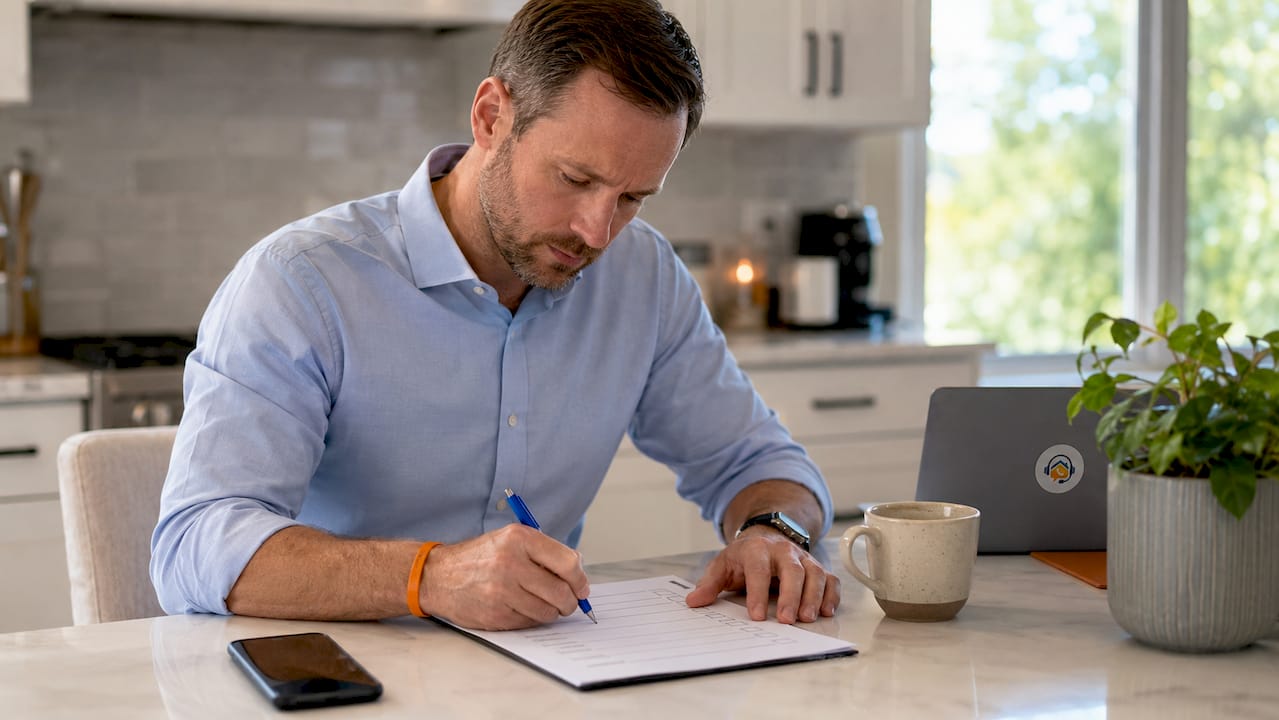 Hands writing on phone enquiry qualification checklist