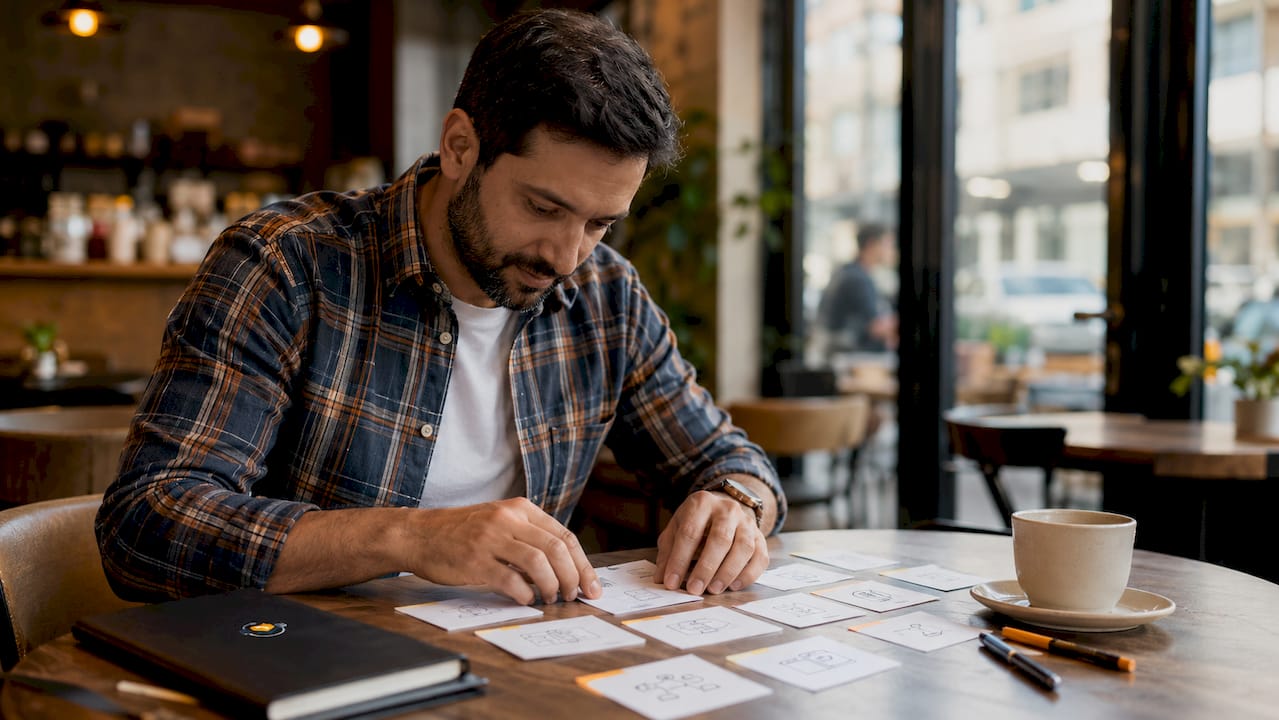 Hands organizing automation type cards overhead