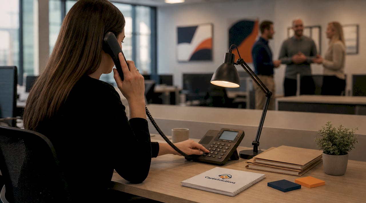 Hands holding headset in UK call center office