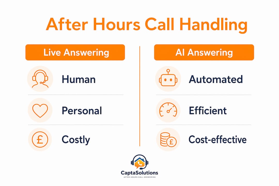 Infographic comparing live and AI after hours call handling methods