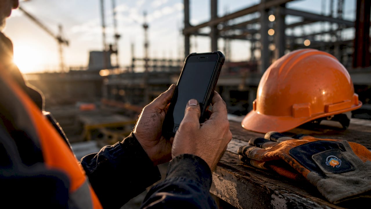 Close-up of hands holding smartphone on site