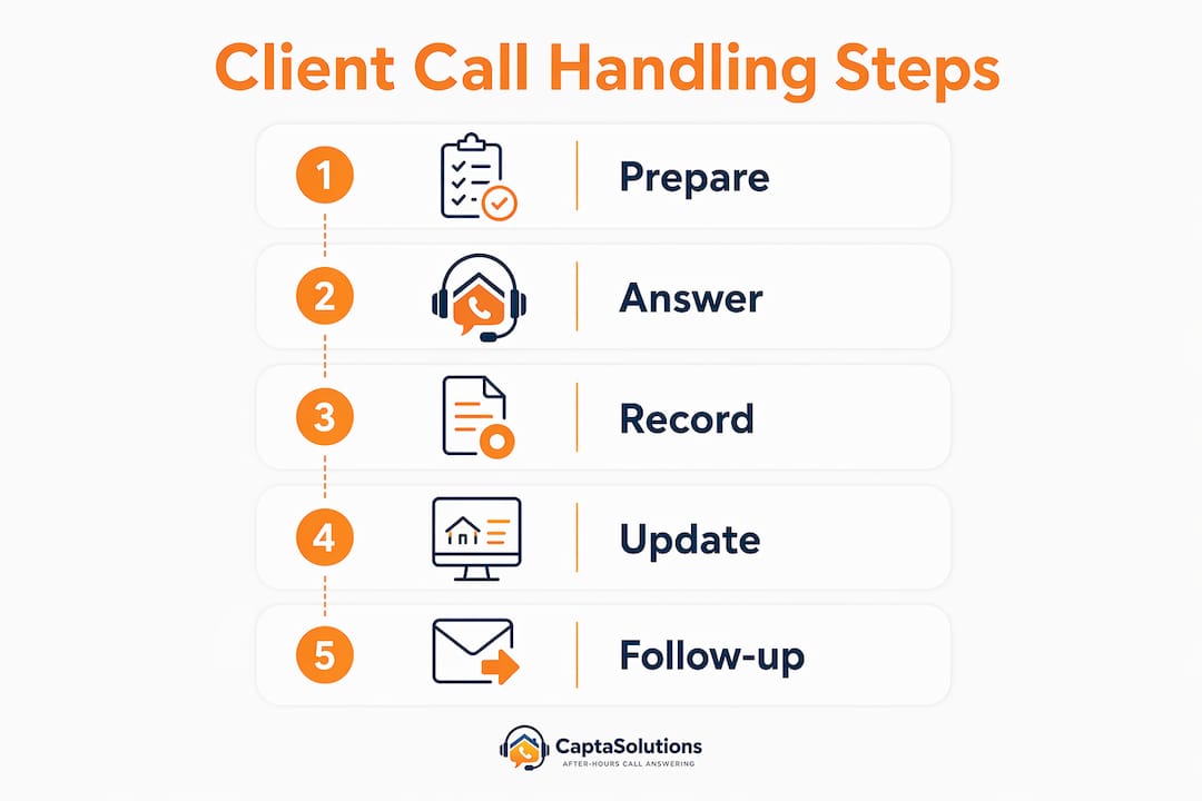 Infographic illustrating steps for client call handling