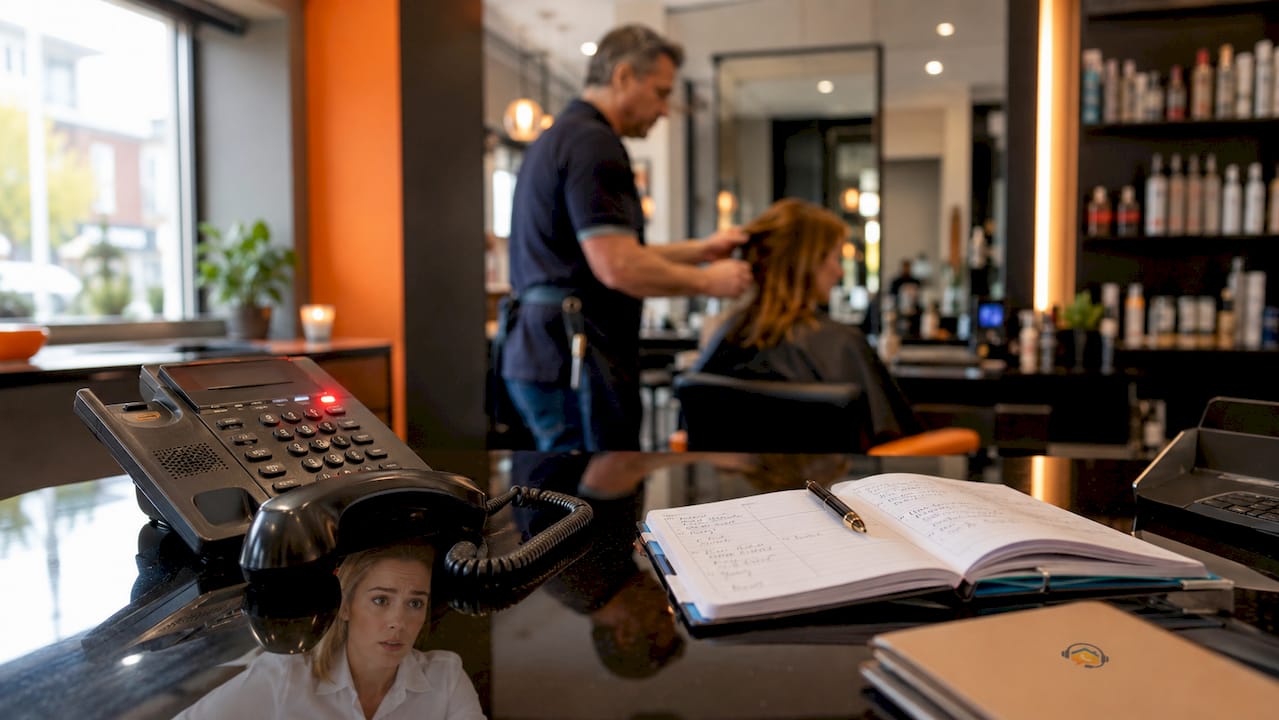 Unattended ringing phone at busy salon desk