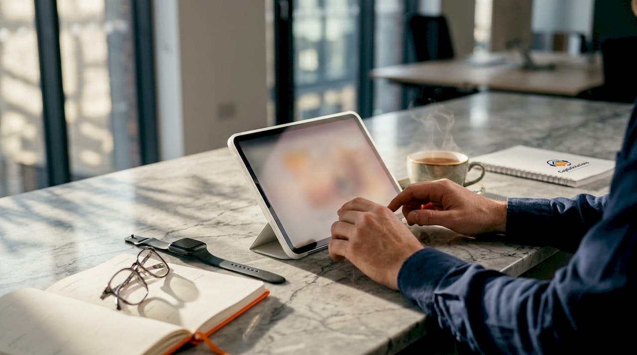 Hands using tablet with AI dashboards