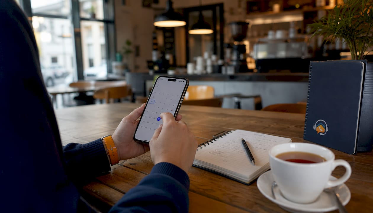 Hands managing bookings on smartphone after-hours