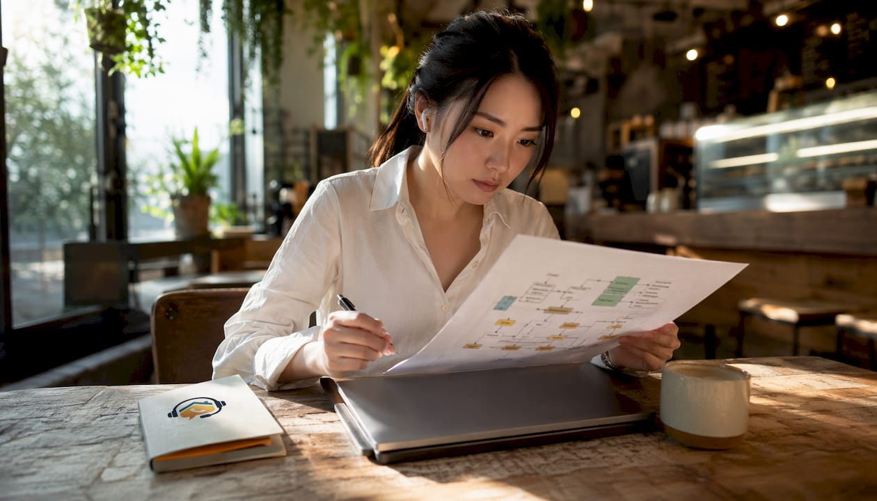 Woman integrating AI answering call workflow