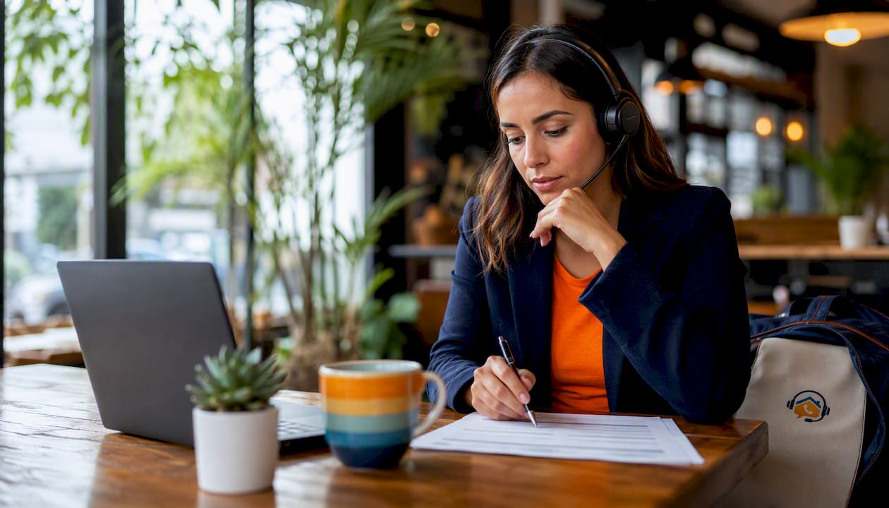 Sales agent listening on call while filling form